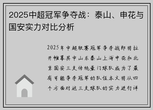 2025中超冠军争夺战：泰山、申花与国安实力对比分析